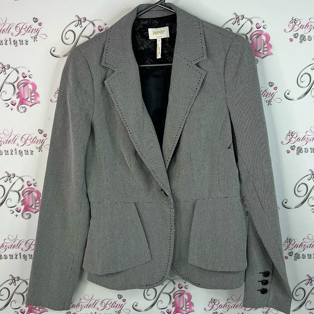 Laundry By Shelli Segal blazer houndstooth button up ruffle Women's Gray Blazer